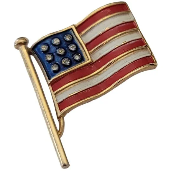 Trifari Red White Blue Enamel Clear Rhinestone US Flag Brooch Pin, Signed E711